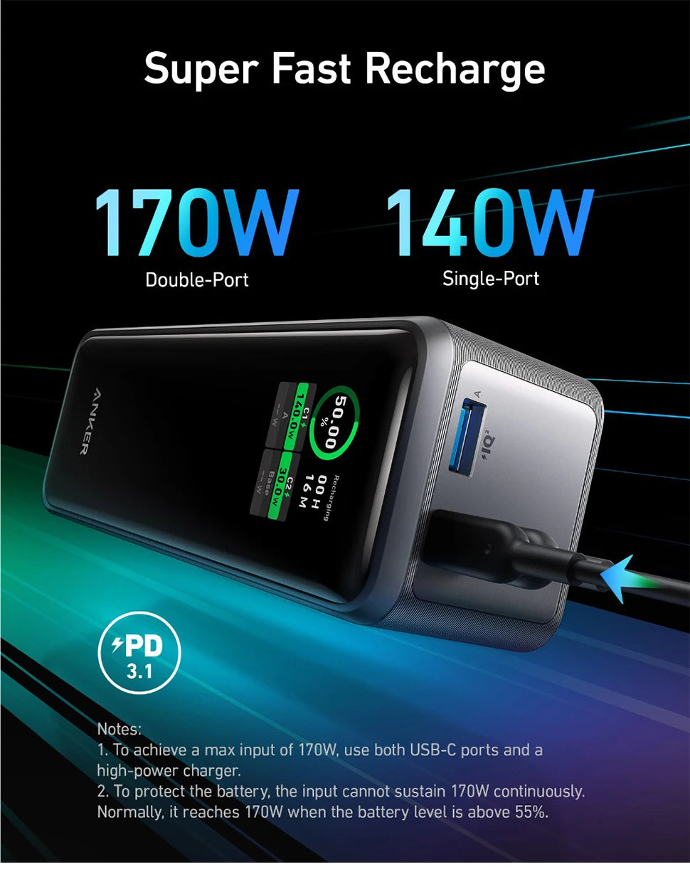 Anker Prime Power Bank 27650mAh 3-Port 250W Portable Charger (99.54Wh) Spare Battery Portable Power Bank Large Capacity