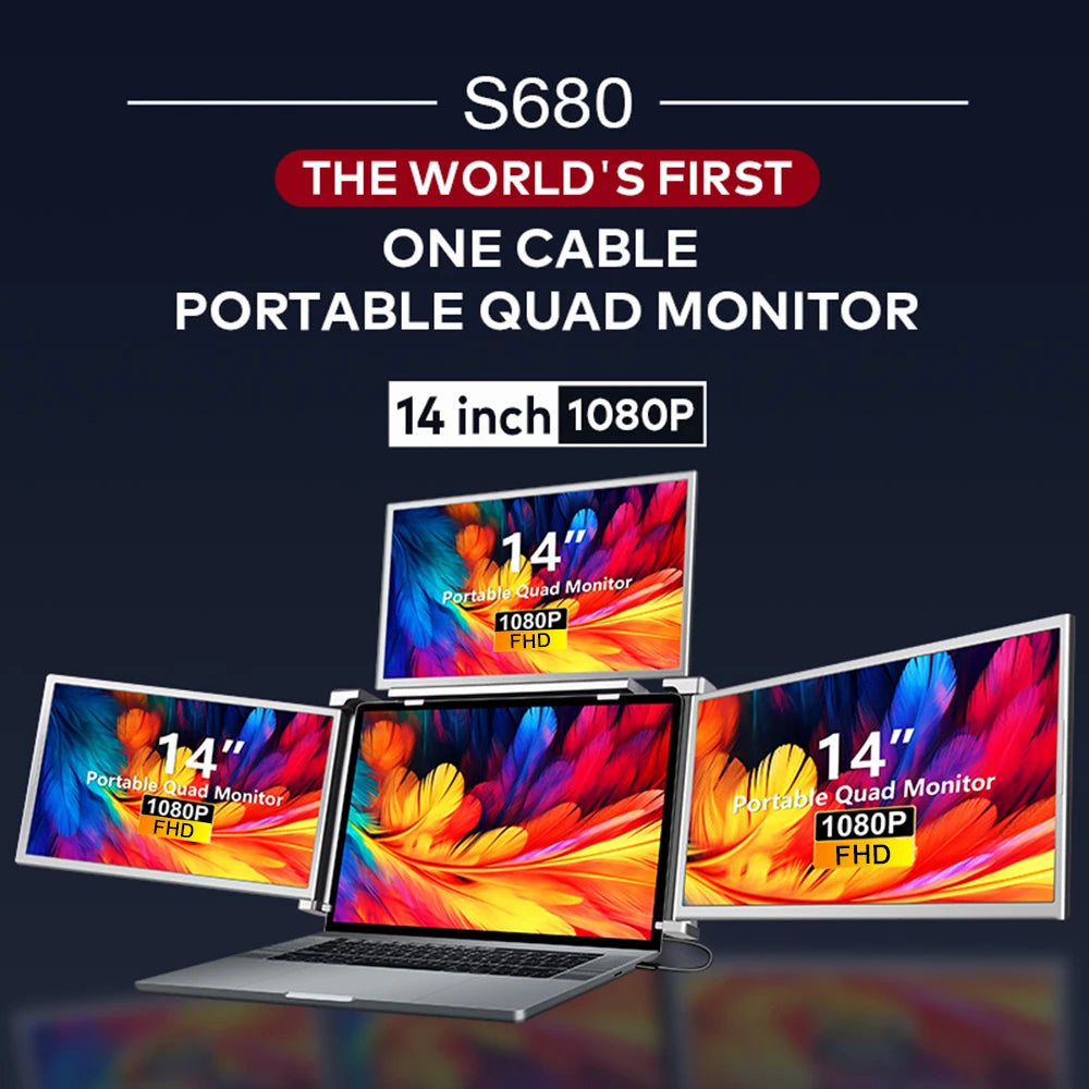 14 inches Laptop Expansion Screen 1080P FHD Quad-screen Monitor Driver Quick Installation Monitor with 1 Cable for 3 Displays