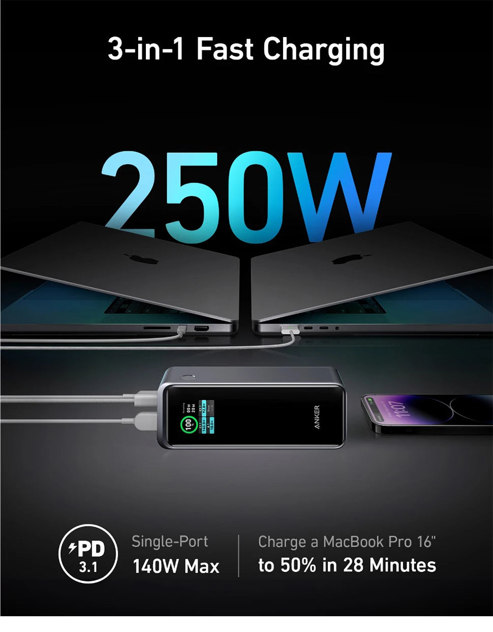 Anker Prime Power Bank 27650mAh 3-Port 250W Portable Charger (99.54Wh) Spare Battery Portable Power Bank Large Capacity