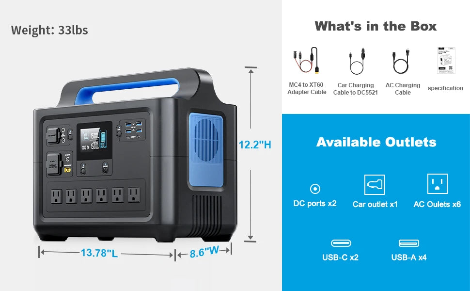 VDL-HS1500 Portable Power Station, Pure Sinewave AC Outlets, Powerful Power Bank for Home Use, Outdoor Camping RV, 1228Wh, 1500W